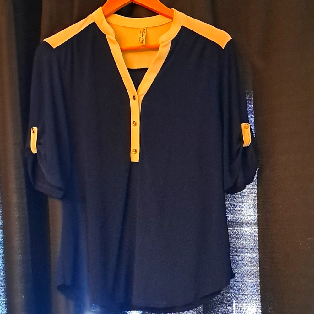 Navy and White Button-Up Blouse